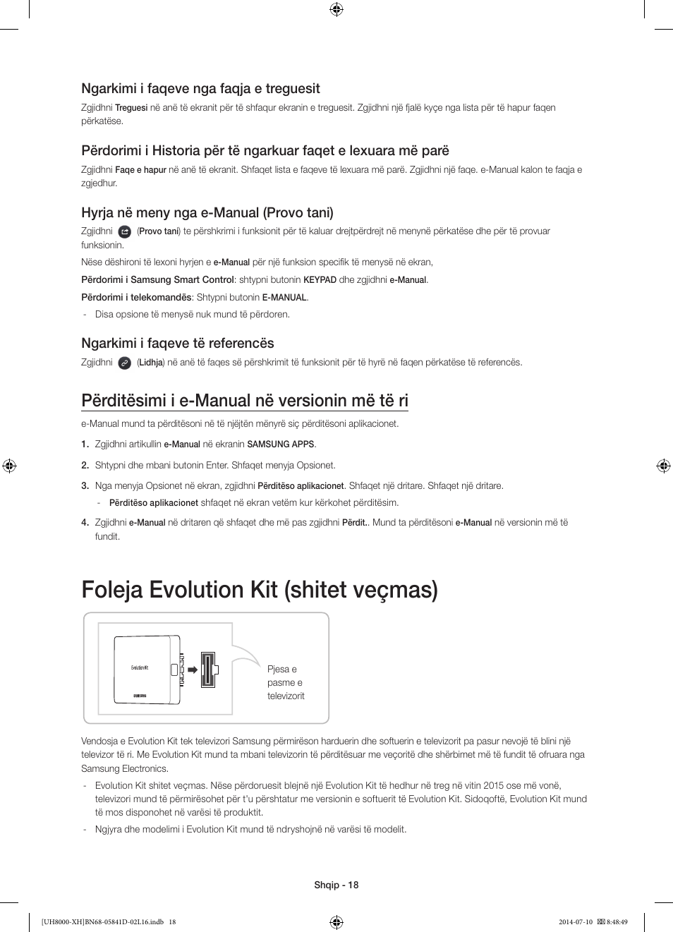 Foleja evolution kit (shitet veçmas), Përditësimi i e-manual në versionin më të ri, Ngarkimi i faqeve nga faqja e treguesit | Hyrja në meny nga e-manual (provo tani), Ngarkimi i faqeve të referencës | Samsung UE48H8000ST User Manual | Page 238 / 353