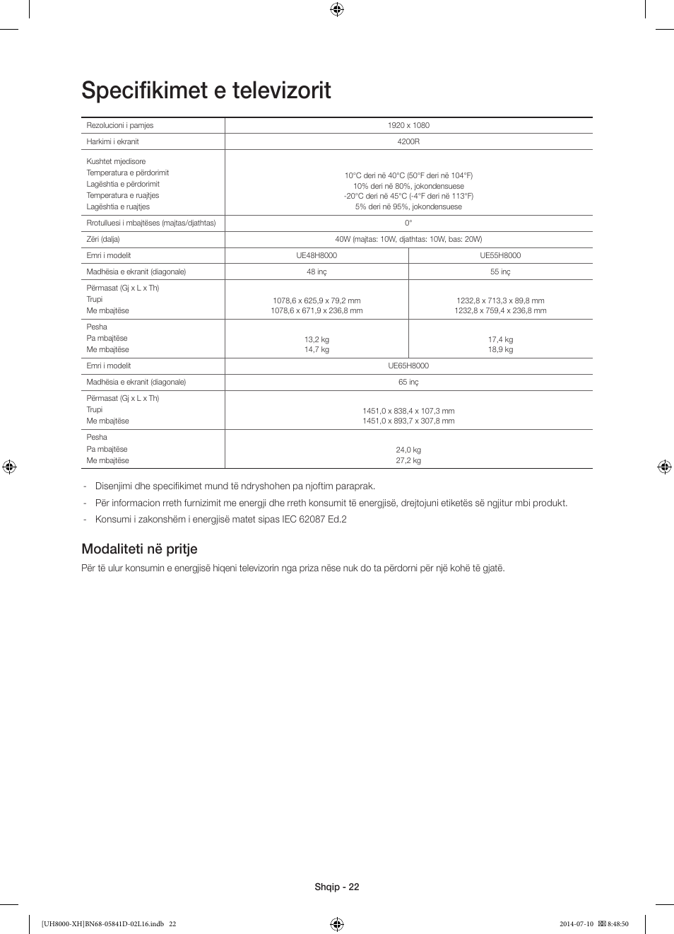 Specifikimet e televizorit, Modaliteti në pritje | Samsung UE48H8000ST User Manual | Page 242 / 353