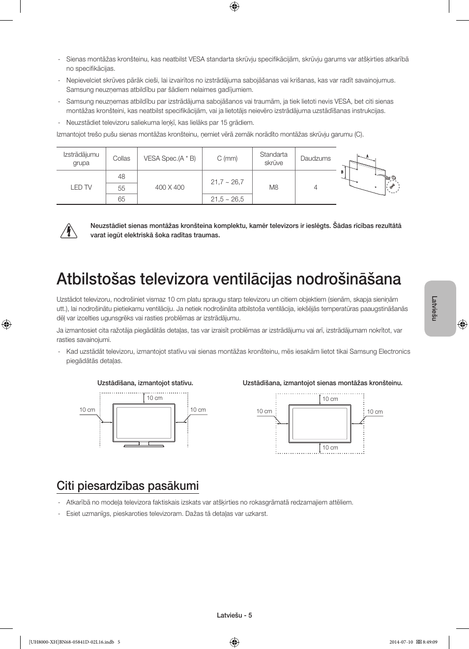 Atbilstošas televizora ventilācijas nodrošināšana, Citi piesardzības pasākumi | Samsung UE48H8000ST User Manual | Page 291 / 353
