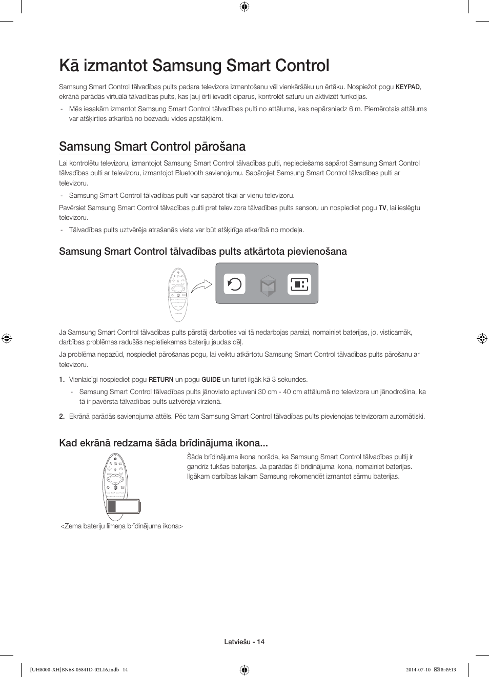 Kā izmantot samsung smart control, Samsung smart control pārošana, Kad ekrānā redzama šāda brīdinājuma ikona | Samsung UE48H8000ST User Manual | Page 300 / 353