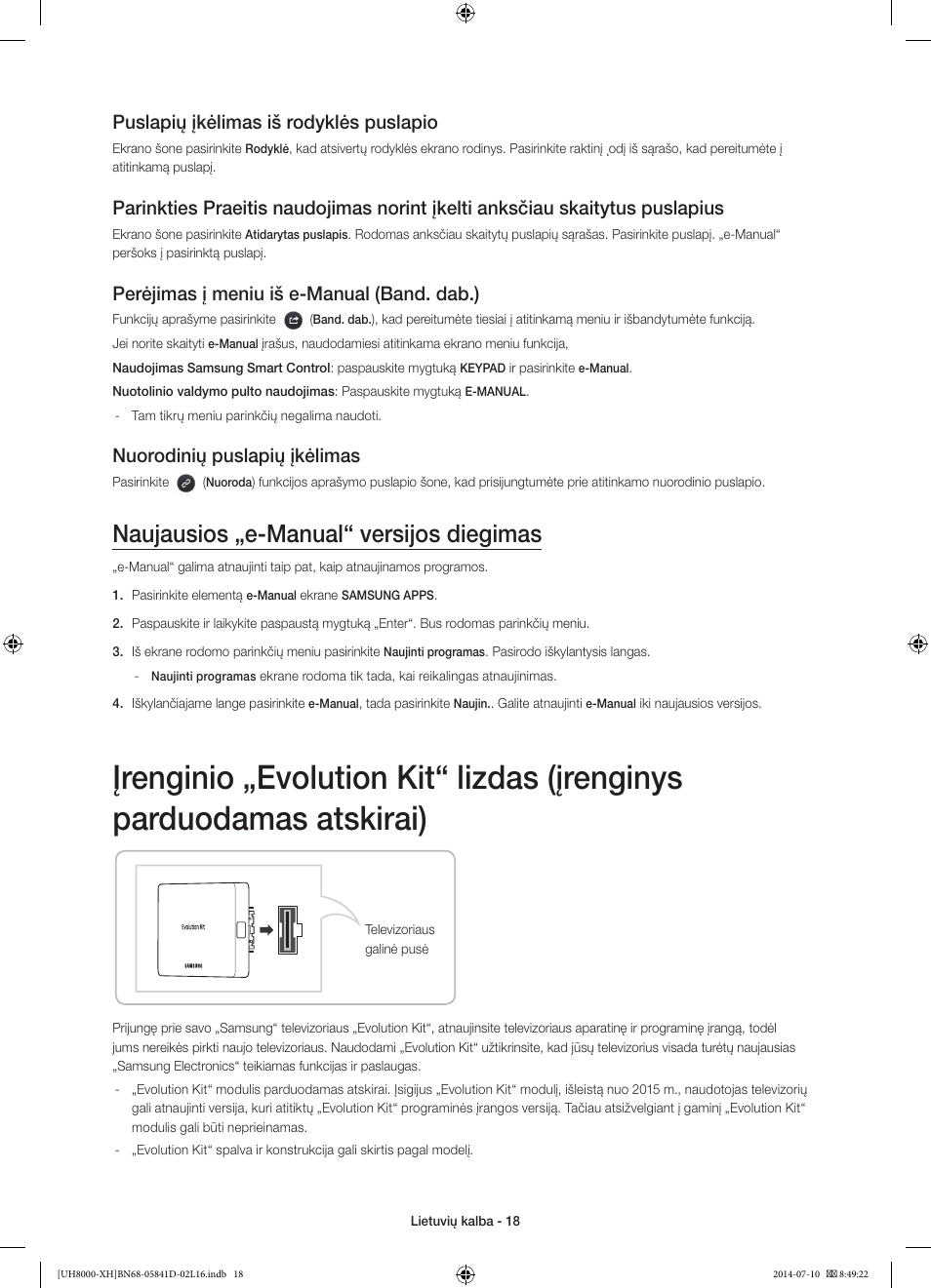 Naujausios „e-manual“ versijos diegimas, Puslapių įkėlimas iš rodyklės puslapio, Perėjimas į meniu iš e-manual (band. dab.) | Nuorodinių puslapių įkėlimas | Samsung UE48H8000ST User Manual | Page 326 / 353