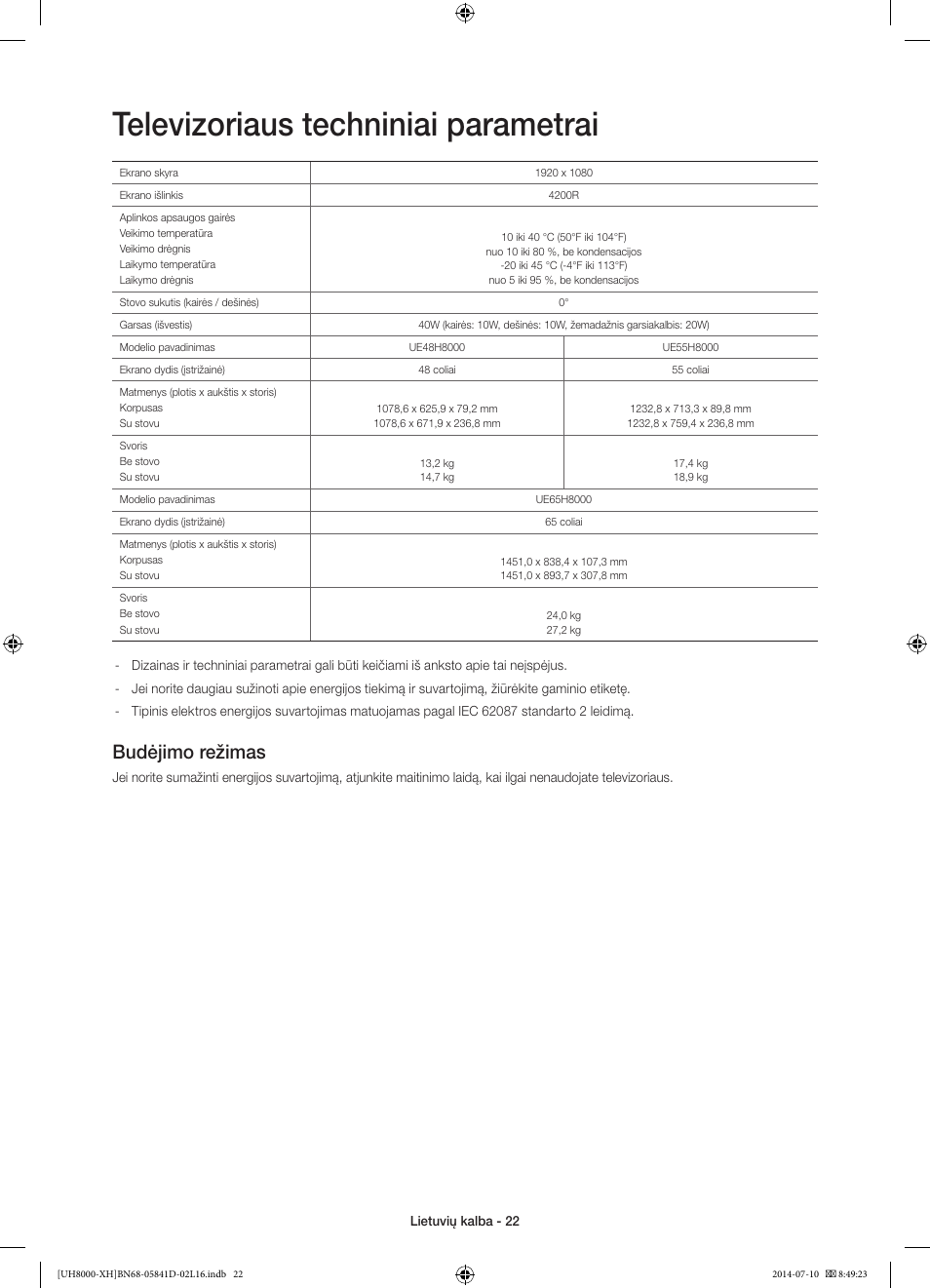 Televizoriaus techniniai parametrai, Budėjimo režimas | Samsung UE48H8000ST User Manual | Page 330 / 353