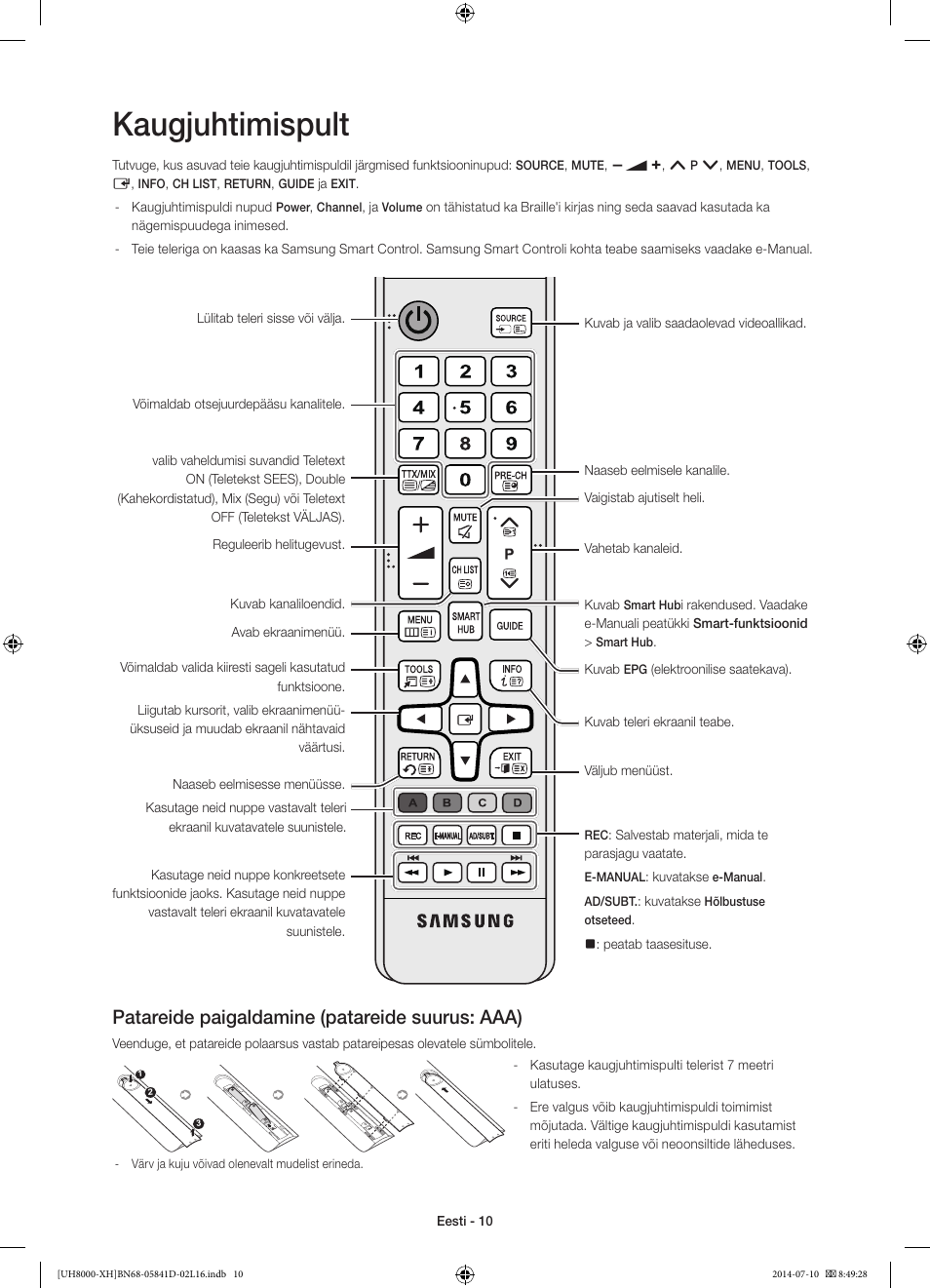 Kaugjuhtimispult, Patareide paigaldamine (patareide suurus: aaa) | Samsung UE48H8000ST User Manual | Page 340 / 353