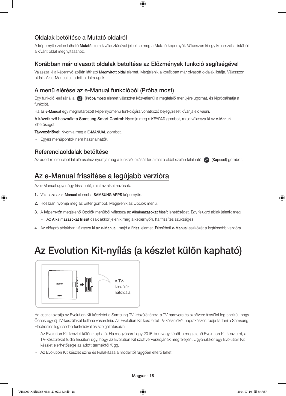 Az evolution kit-nyílás (a készlet külön kapható), Az e-manual frissítése a legújabb verzióra, Oldalak betöltése a mutató oldalról | A menü elérése az e-manual funkcióból (próba most), Referenciaoldalak betöltése | Samsung UE48H8000ST User Manual | Page 40 / 353