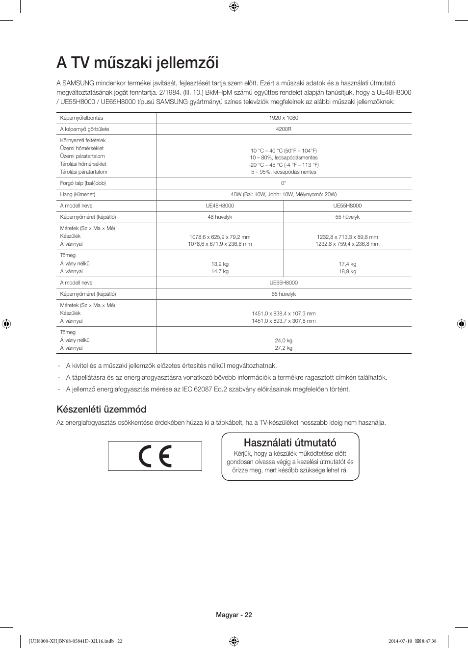 A tv műszaki jellemzői, Használati útmutató, Készenléti üzemmód | Samsung UE48H8000ST User Manual | Page 44 / 353