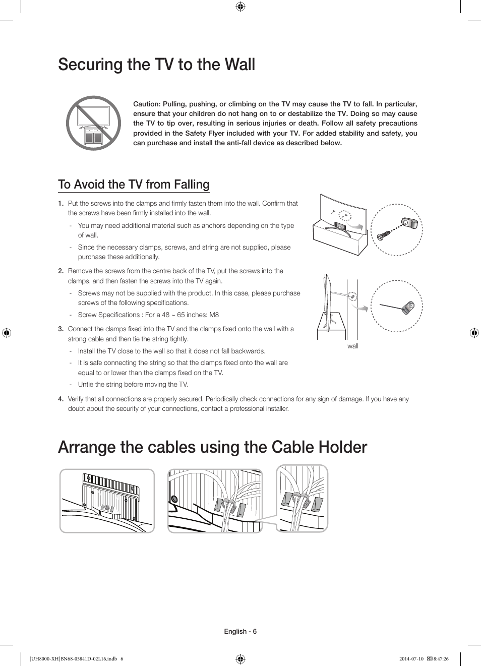 Securing the tv to the wall, Arrange the cables using the cable holder | Samsung UE48H8000ST User Manual | Page 6 / 353