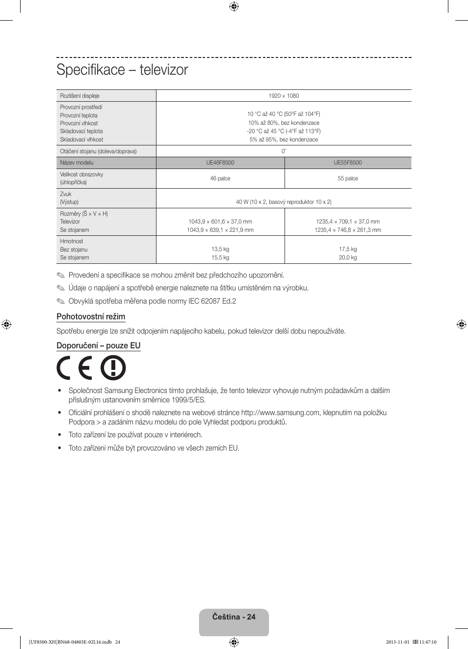 Specifikace – televizor | Samsung UE46F8500SL User Manual | Page 168 / 385