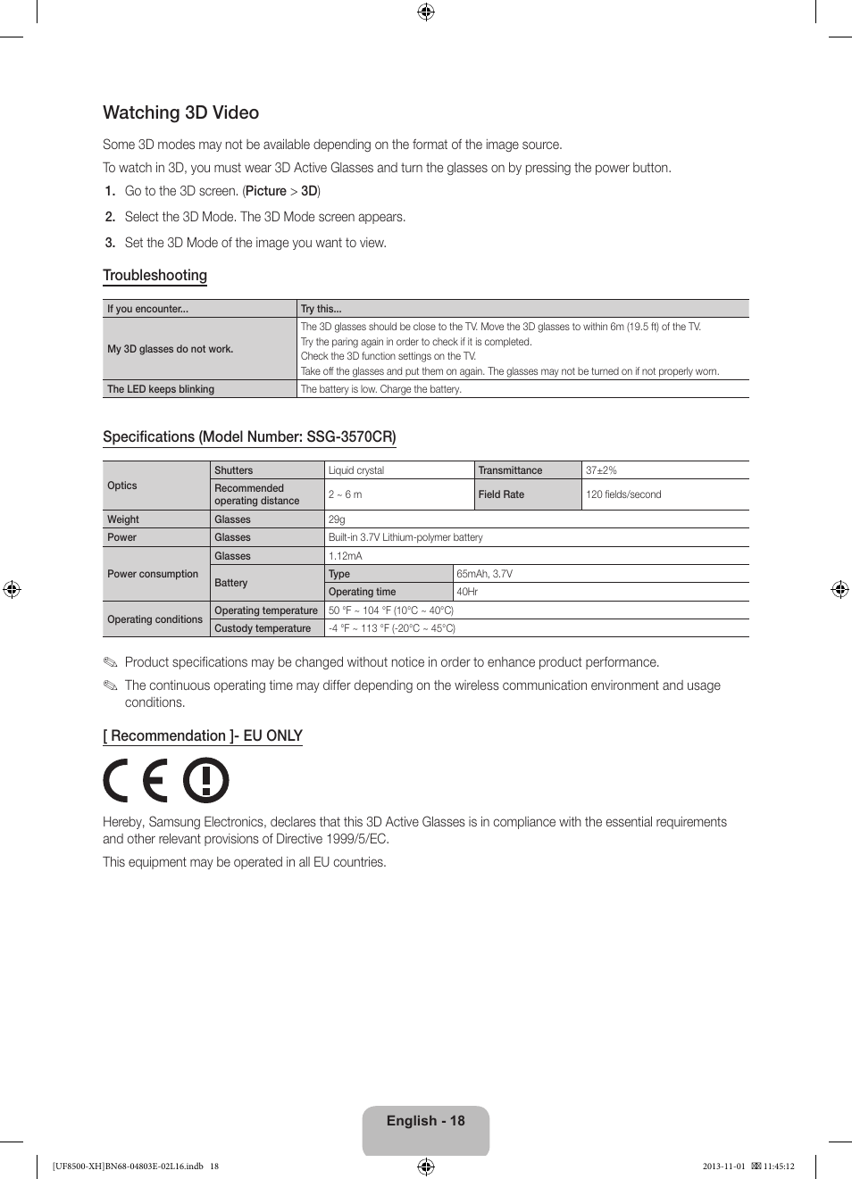 Watching 3d video, Troubleshooting, Specifications (model number: ssg-3570cr) | Recommendation ]- eu only | Samsung UE46F8500SL User Manual | Page 18 / 385