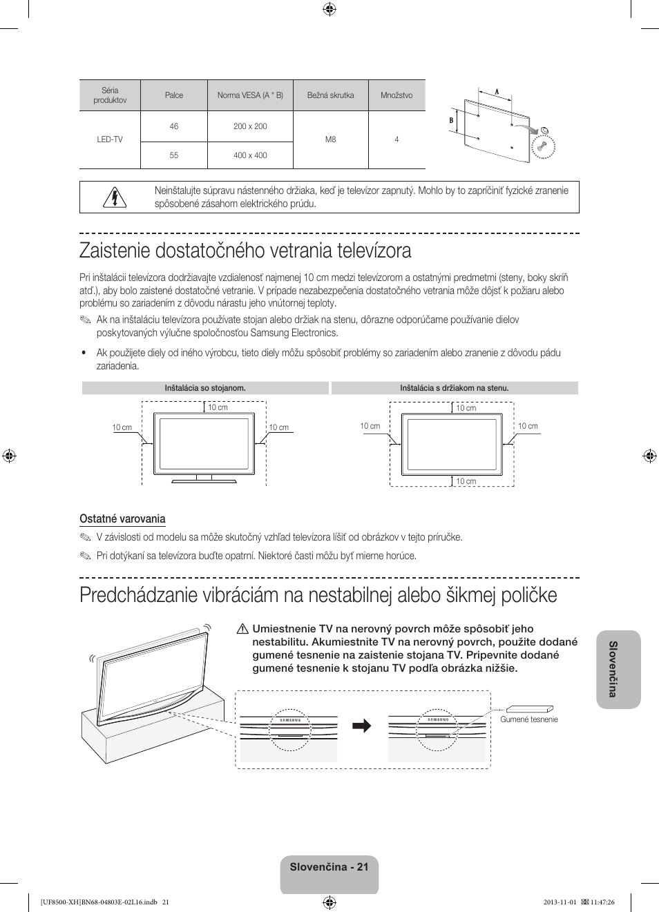 Zaistenie dostatočného vetrania televízora | Samsung UE46F8500SL User Manual | Page 189 / 385