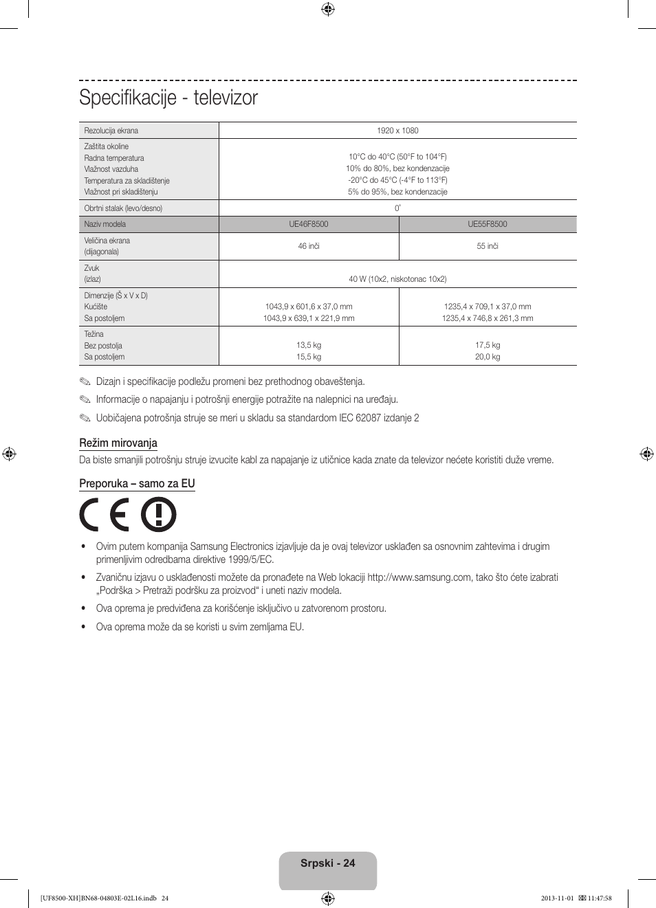 Specifikacije - televizor | Samsung UE46F8500SL User Manual | Page 240 / 385