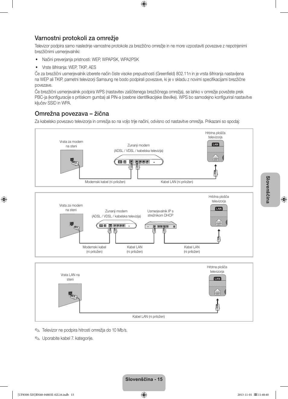 Varnostni protokoli za omrežje, Omrežna povezava – žična | Samsung UE46F8500SL User Manual | Page 303 / 385