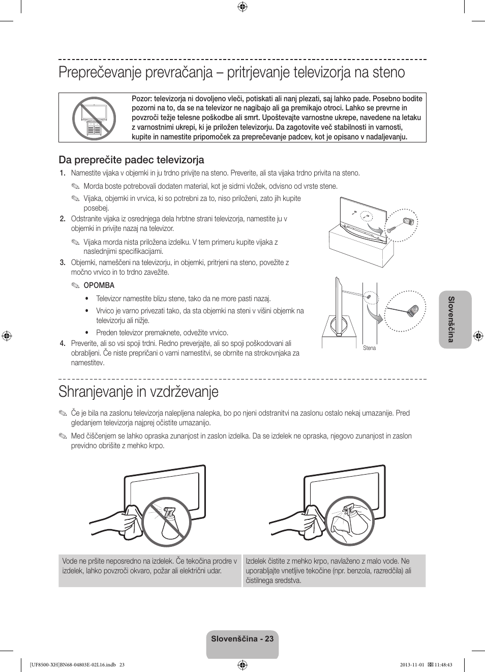 Shranjevanje in vzdrževanje, Da preprečite padec televizorja | Samsung UE46F8500SL User Manual | Page 311 / 385