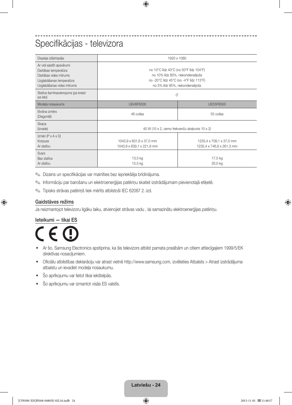 Specifikācijas - televizora | Samsung UE46F8500SL User Manual | Page 336 / 385