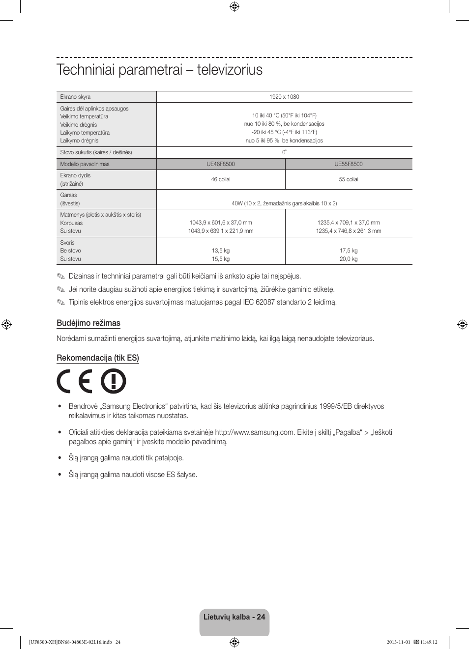 Techniniai parametrai – televizorius | Samsung UE46F8500SL User Manual | Page 360 / 385