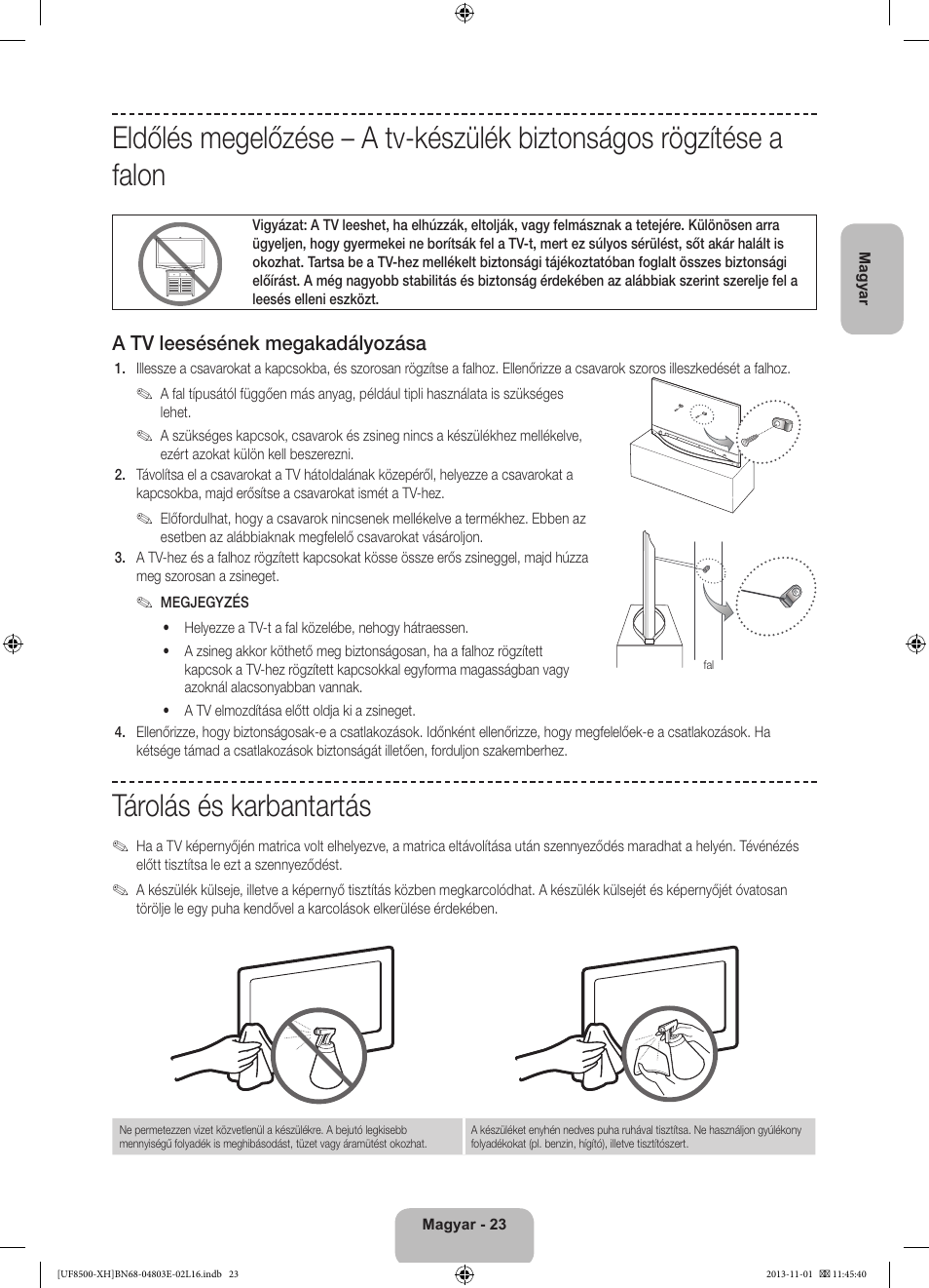 Tárolás és karbantartás, A tv leesésének megakadályozása | Samsung UE46F8500SL User Manual | Page 47 / 385