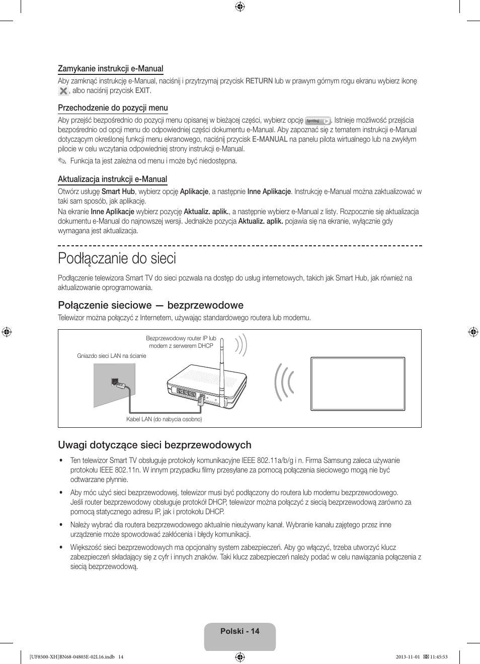 Podłączanie do sieci, Połączenie sieciowe — bezprzewodowe, Uwagi dotyczące sieci bezprzewodowych | Samsung UE46F8500SL User Manual | Page 62 / 385