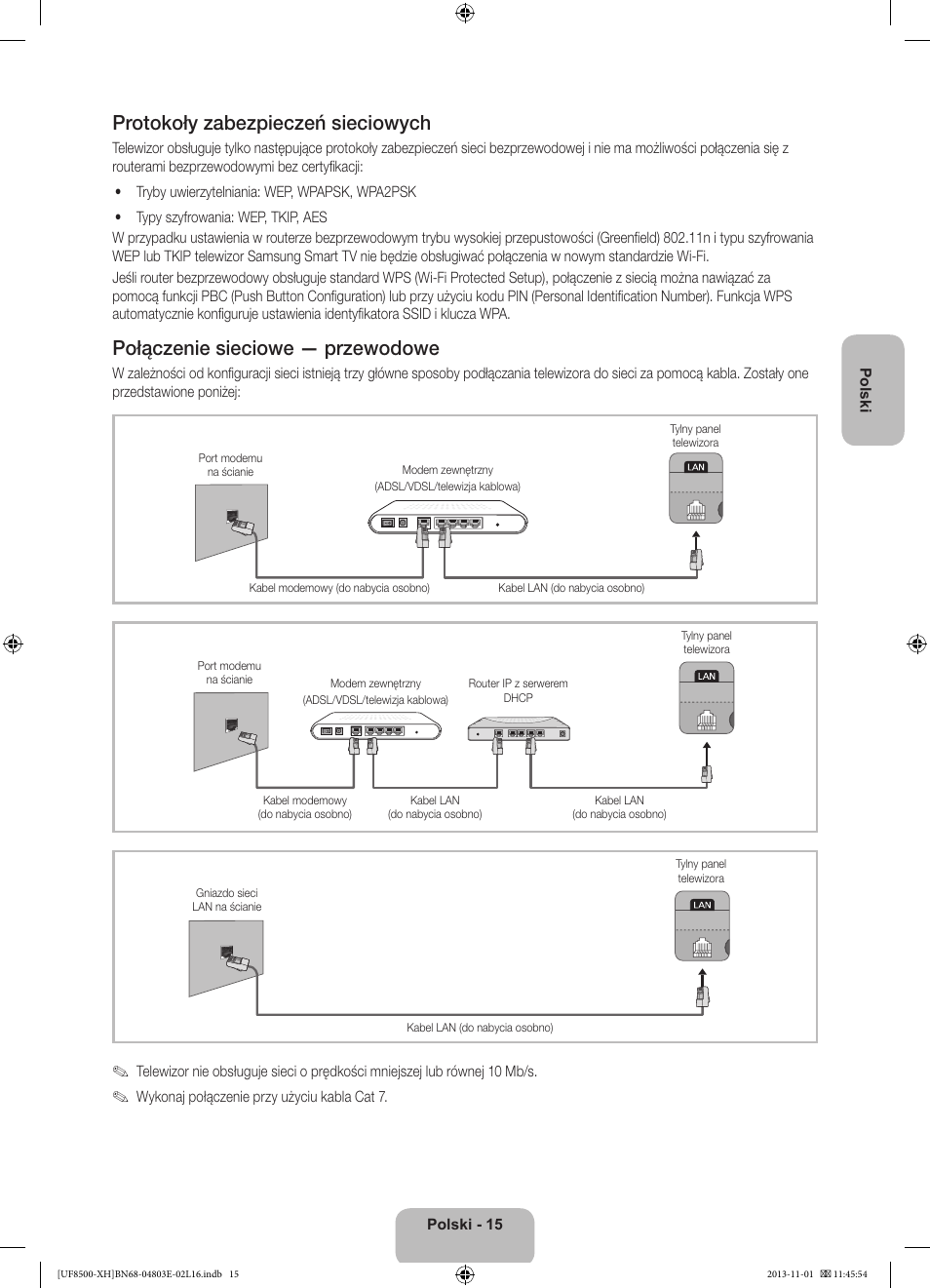 Protokoły zabezpieczeń sieciowych, Połączenie sieciowe — przewodowe | Samsung UE46F8500SL User Manual | Page 63 / 385