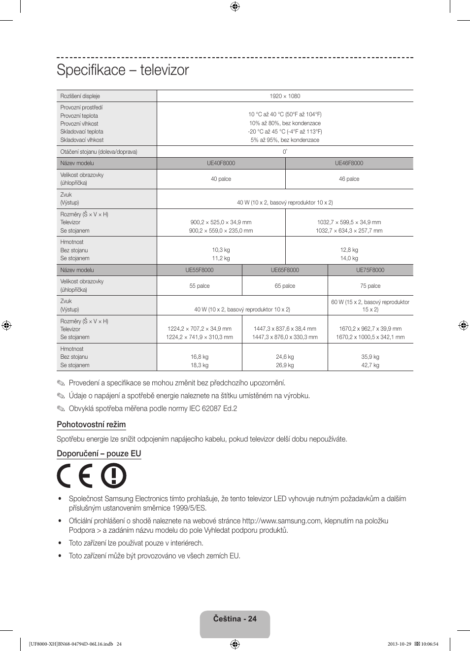 Specifikace – televizor, Pohotovostní režim, Doporučení – pouze eu | Samsung UE75F8000ST User Manual | Page 168 / 385