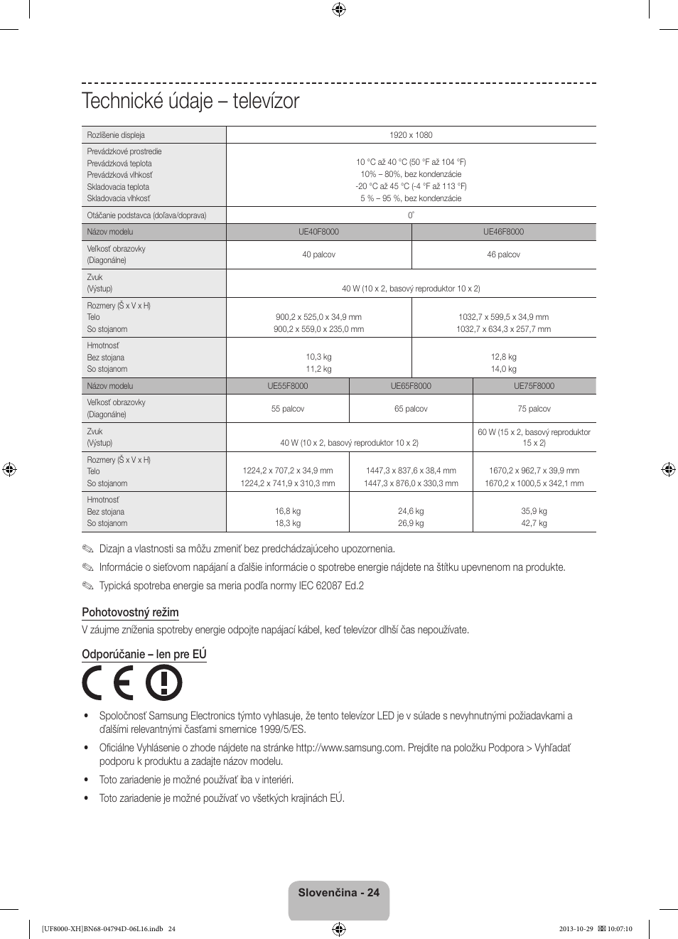 Technické údaje – televízor, Pohotovostný režim, Odporúčanie – len pre eú | Samsung UE75F8000ST User Manual | Page 192 / 385