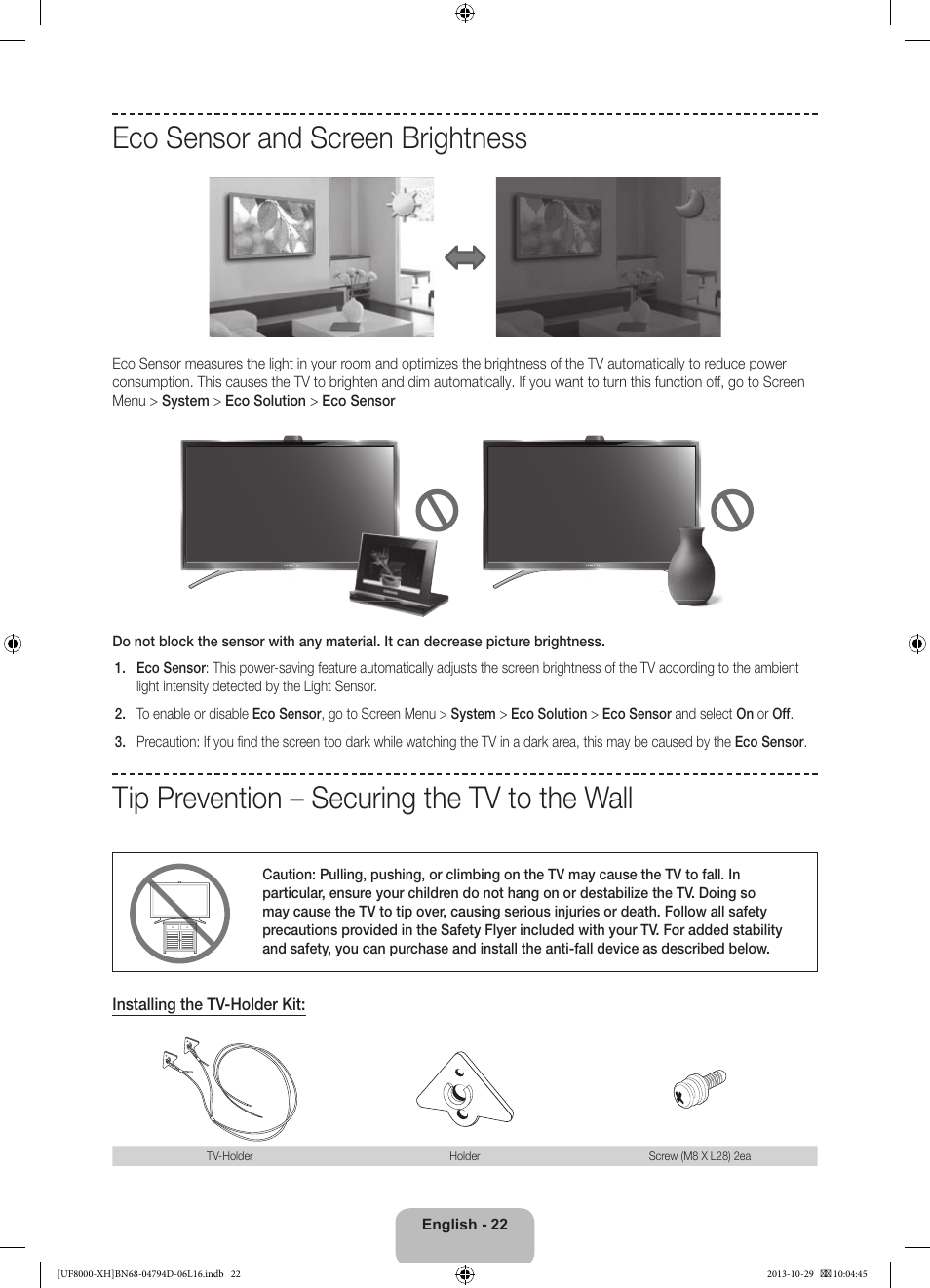 Eco sensor and screen brightness, Tip prevention – securing the tv to the wall | Samsung UE75F8000ST User Manual | Page 22 / 385
