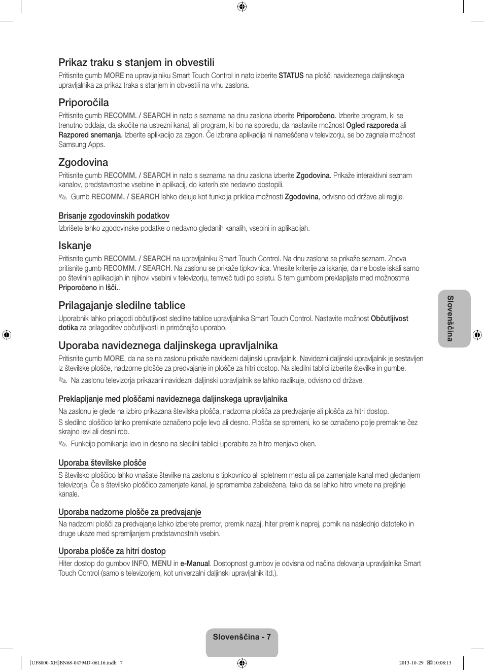 Prikaz traku s stanjem in obvestili, Priporočila, Zgodovina | Iskanje, Prilagajanje sledilne tablice, Uporaba navideznega daljinskega upravljalnika | Samsung UE75F8000ST User Manual | Page 295 / 385