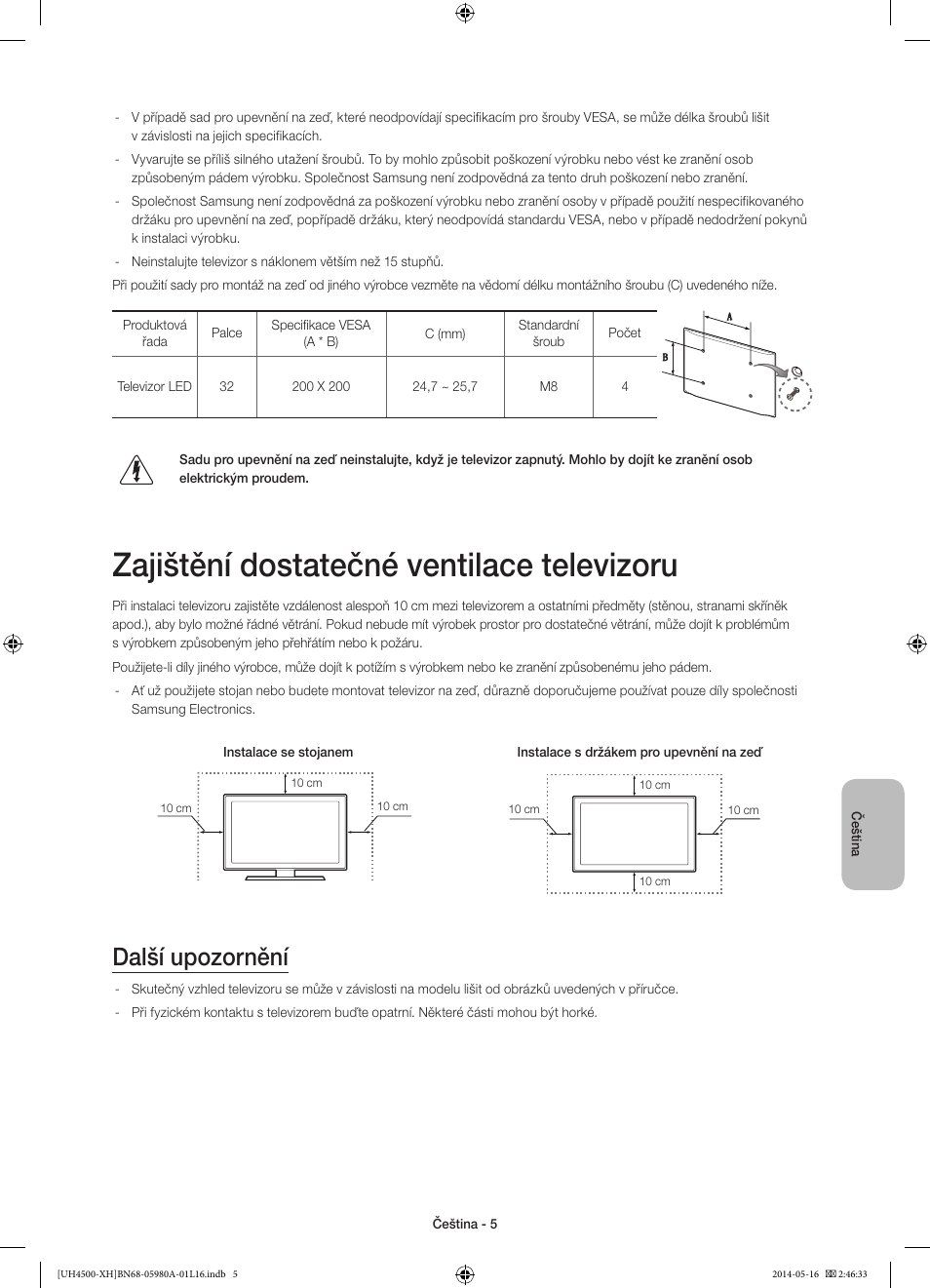 Zajištění dostatečné ventilace televizoru, Další upozornění | Samsung UE32H4510AW User Manual | Page 113 / 289