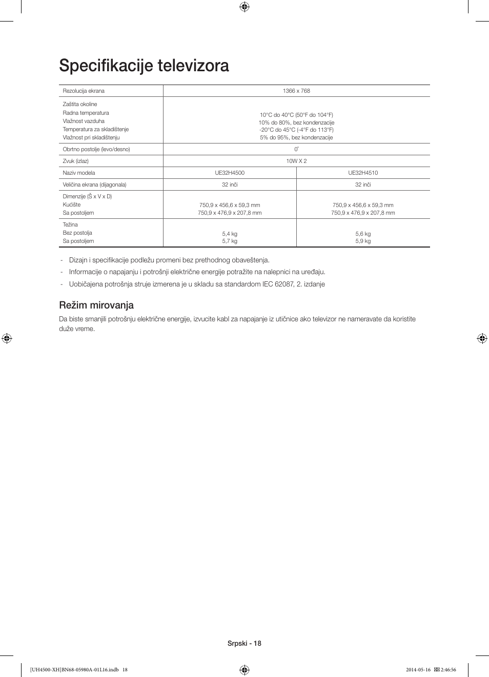 Specifikacije televizora, Režim mirovanja | Samsung UE32H4510AW User Manual | Page 180 / 289