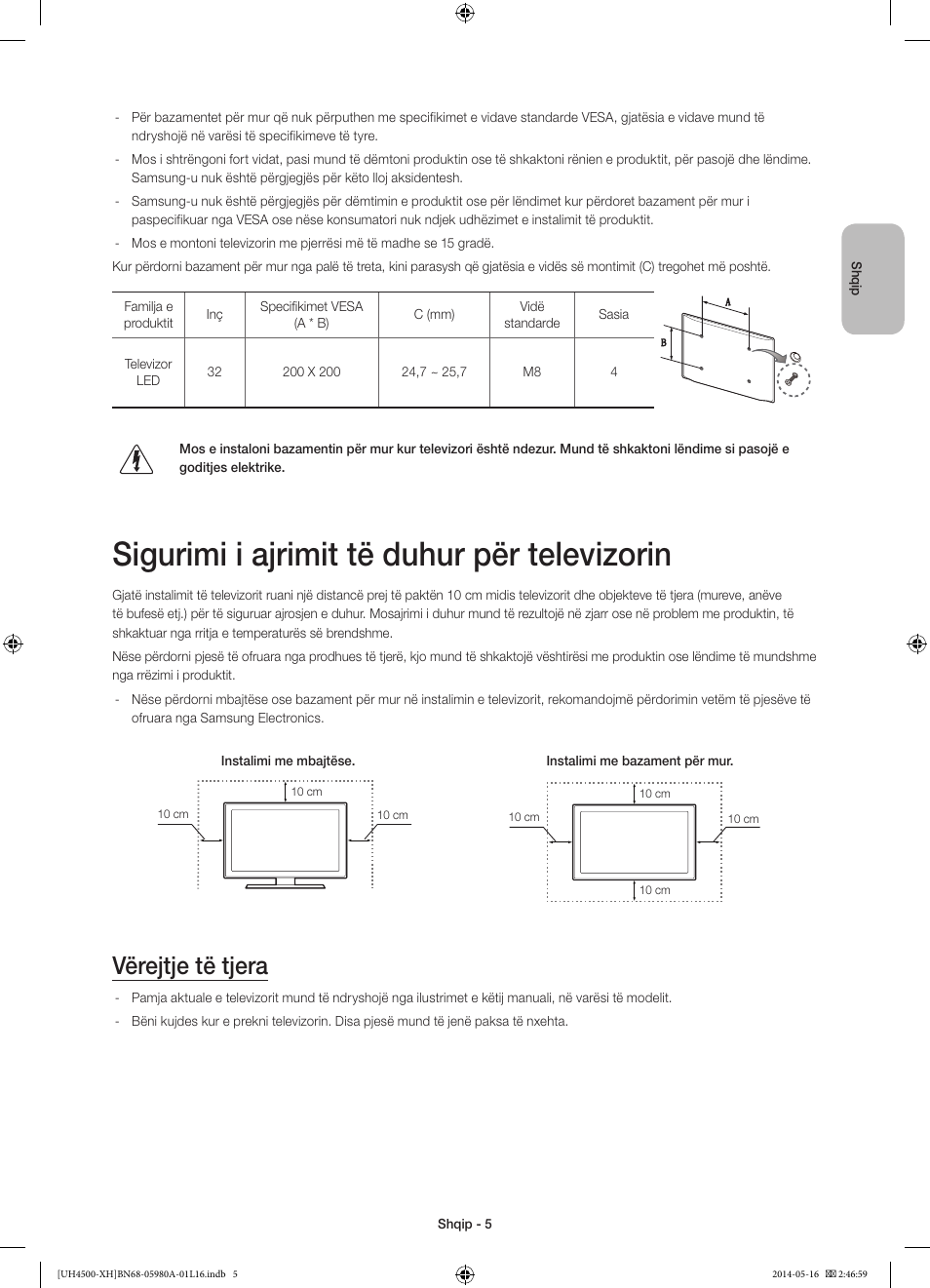 Sigurimi i ajrimit të duhur për televizorin, Vërejtje të tjera | Samsung UE32H4510AW User Manual | Page 185 / 289