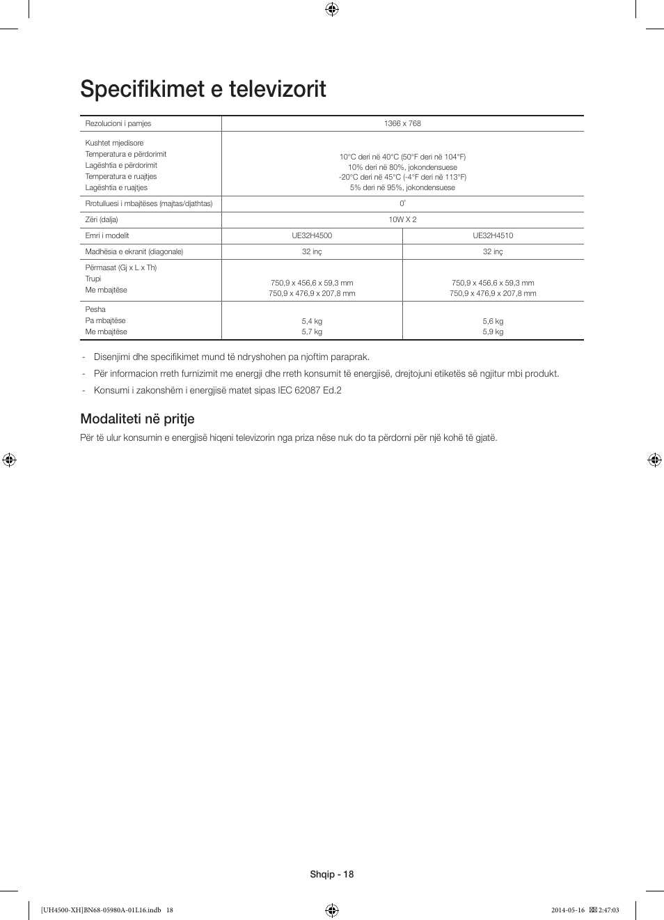 Specifikimet e televizorit, Modaliteti në pritje | Samsung UE32H4510AW User Manual | Page 198 / 289
