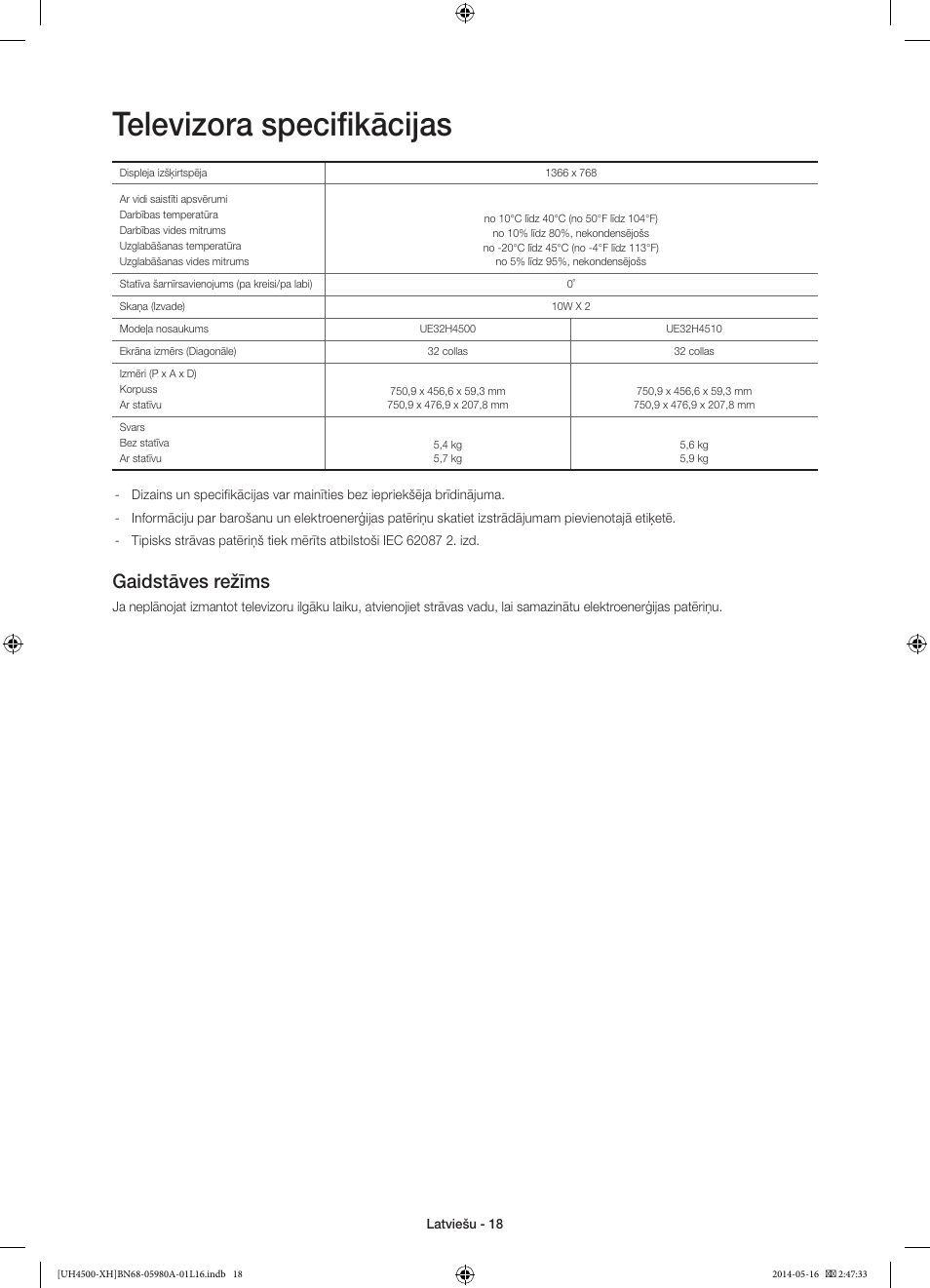 Televizora specifikācijas, Gaidstāves režīms | Samsung UE32H4510AW User Manual | Page 252 / 289