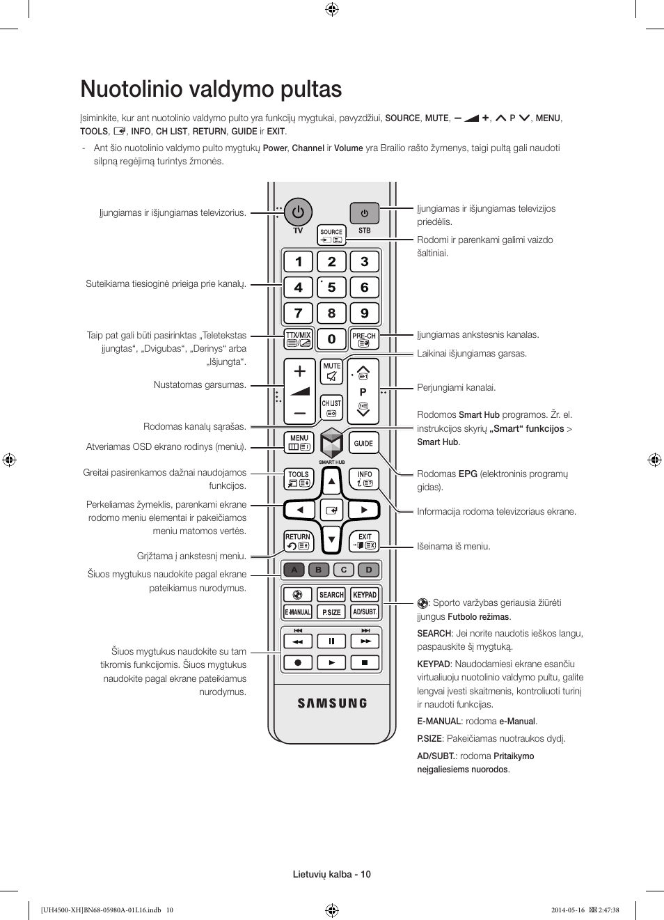 Nuotolinio valdymo pultas | Samsung UE32H4510AW User Manual | Page 262 / 289