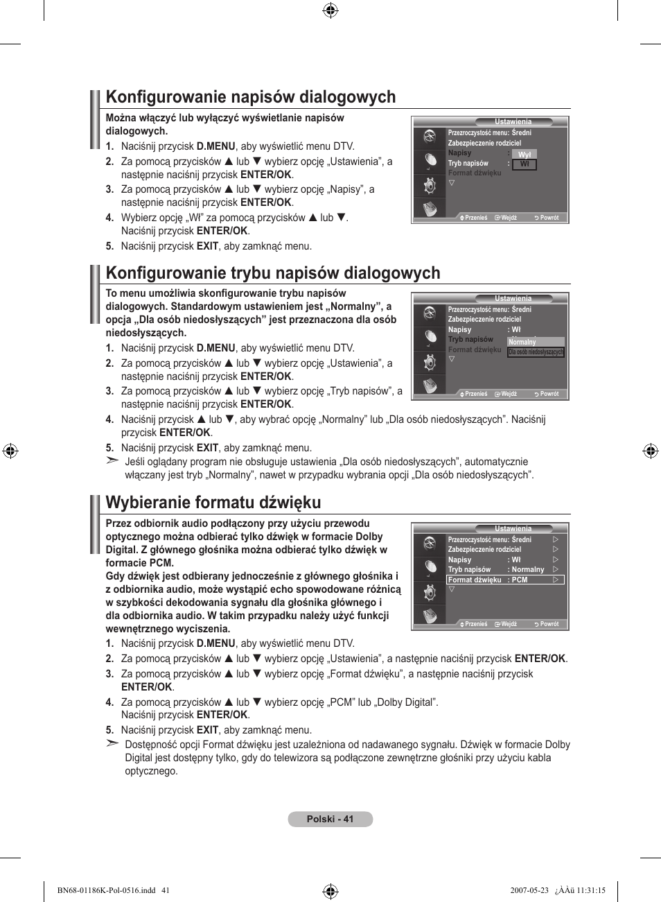 Konfigurowanie napisów dialogowych, Konfigurowanie trybu napisów dialogowych, Wybieranie formatu dźwięku | Samsung LE32M87BD User Manual | Page 163 / 543