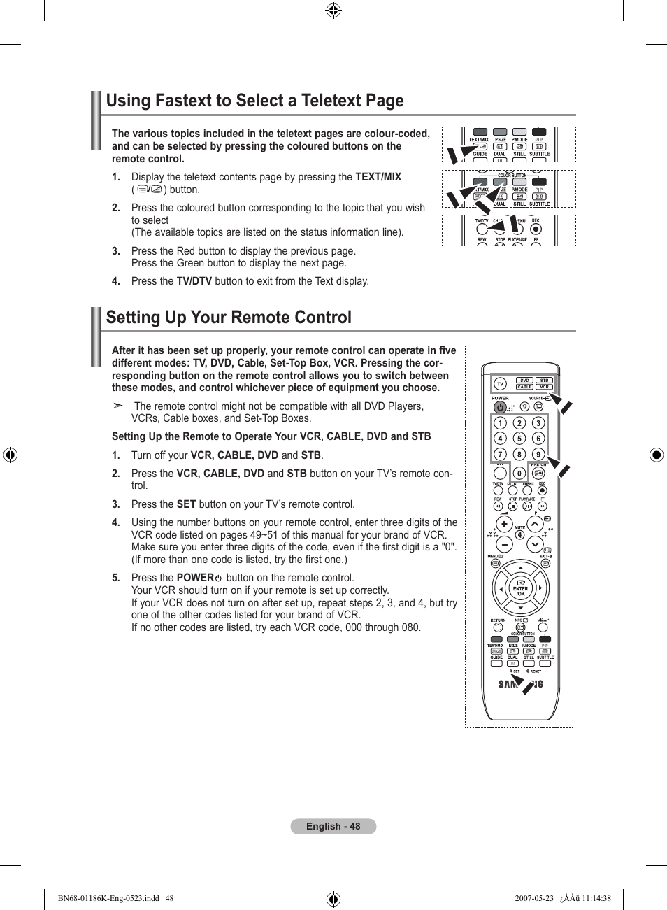 Setting up your remote control, Using fastext to select a teletext page | Samsung LE32M87BD User Manual | Page 50 / 543