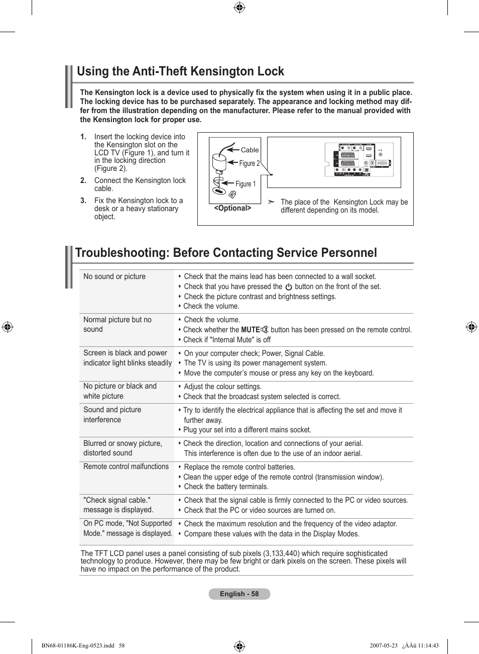 Recommendations for use, Using the anti-theft kensington lock | Samsung LE32M87BD User Manual | Page 60 / 543