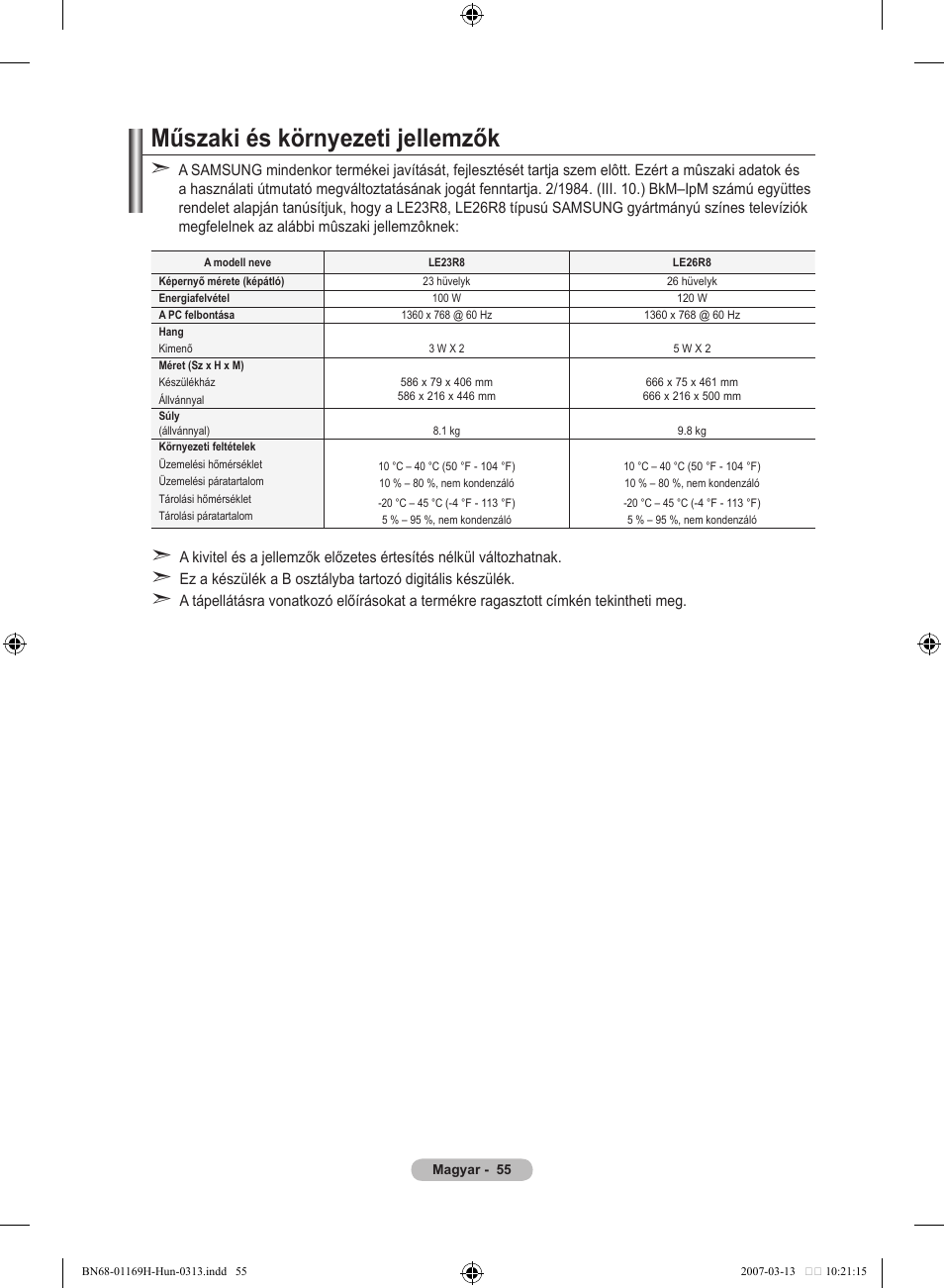 Műszaki és környezeti jellemzők | Samsung LE26R87BD User Manual | Page 114 / 507