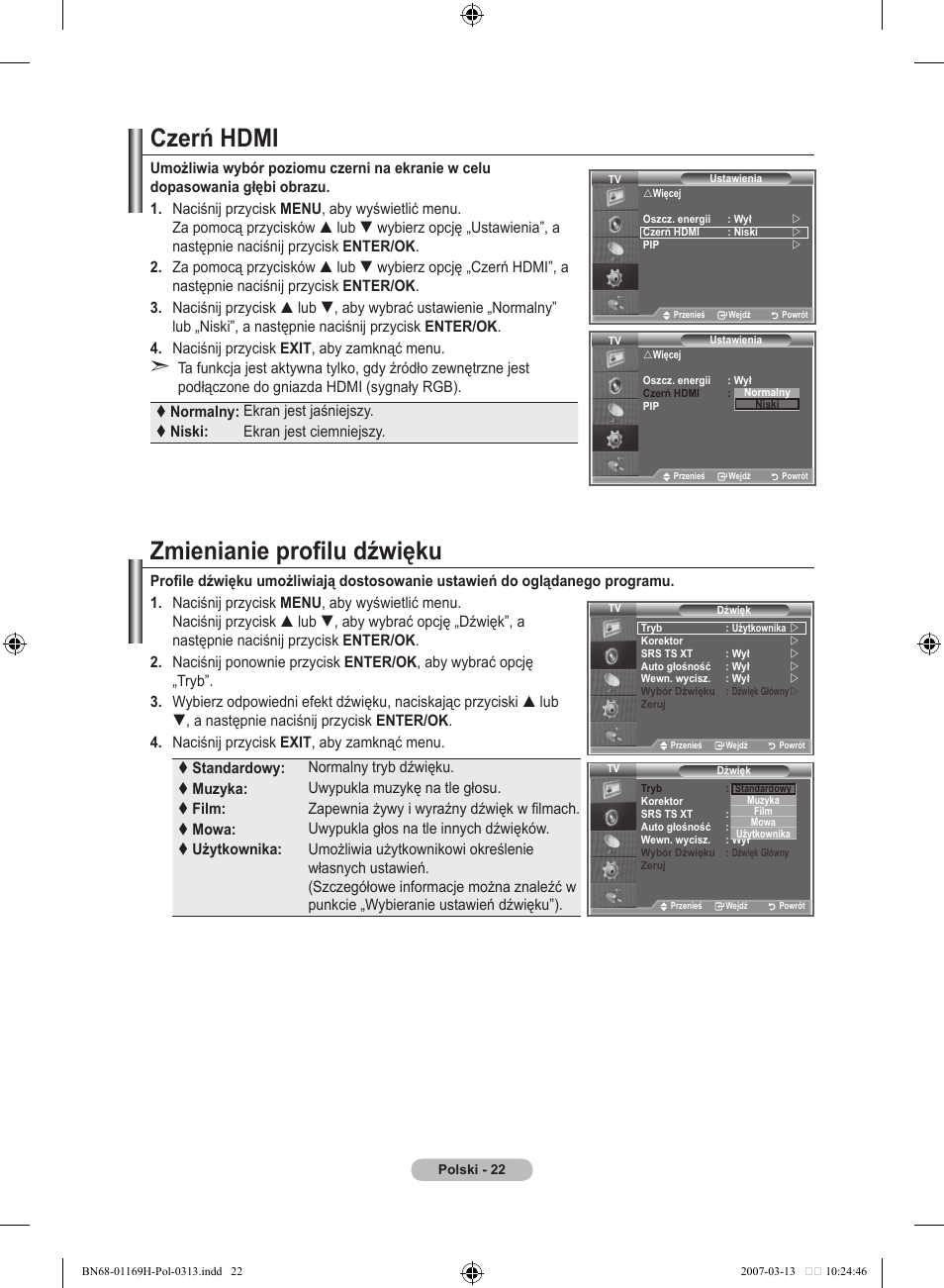 Czerń hdmi, Zmienianie profilu dźwięku | Samsung LE26R87BD User Manual | Page 137 / 507