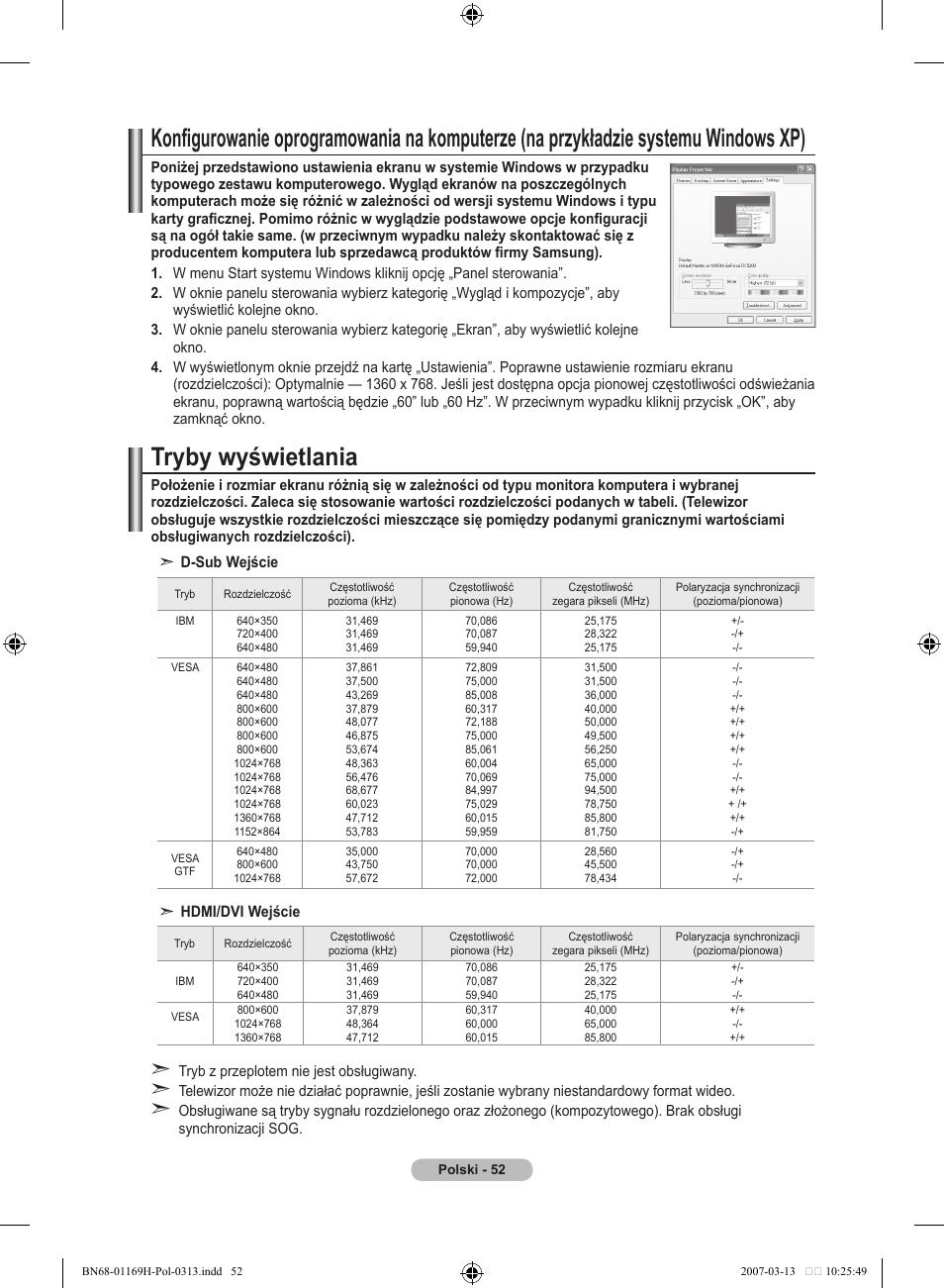 Tryby wyświetlania | Samsung LE26R87BD User Manual | Page 167 / 507