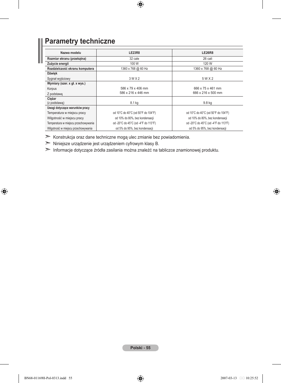 Parametry techniczne | Samsung LE26R87BD User Manual | Page 170 / 507