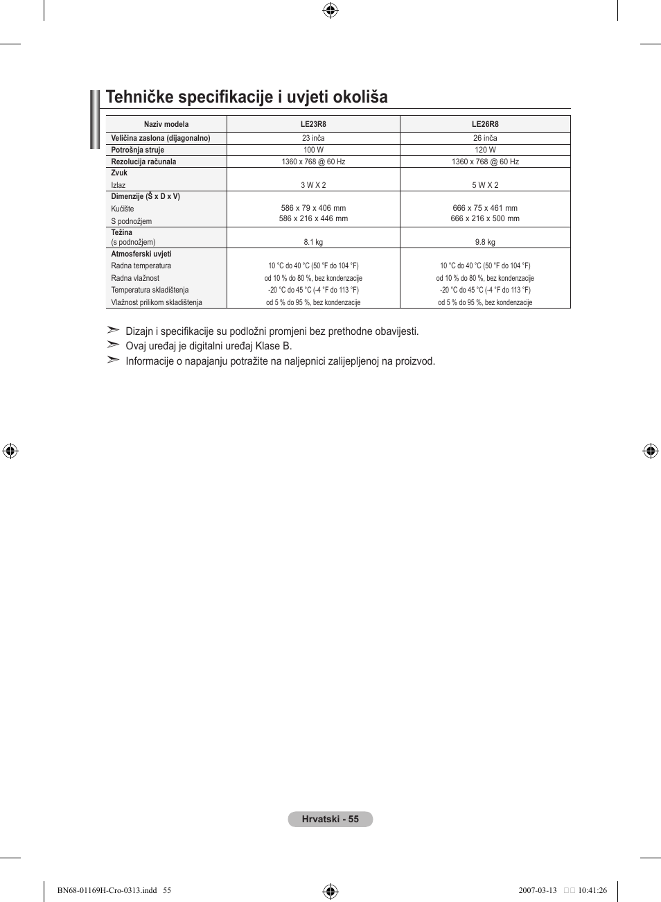 Tehničke specifikacije i uvjeti okoliša | Samsung LE26R87BD User Manual | Page 338 / 507