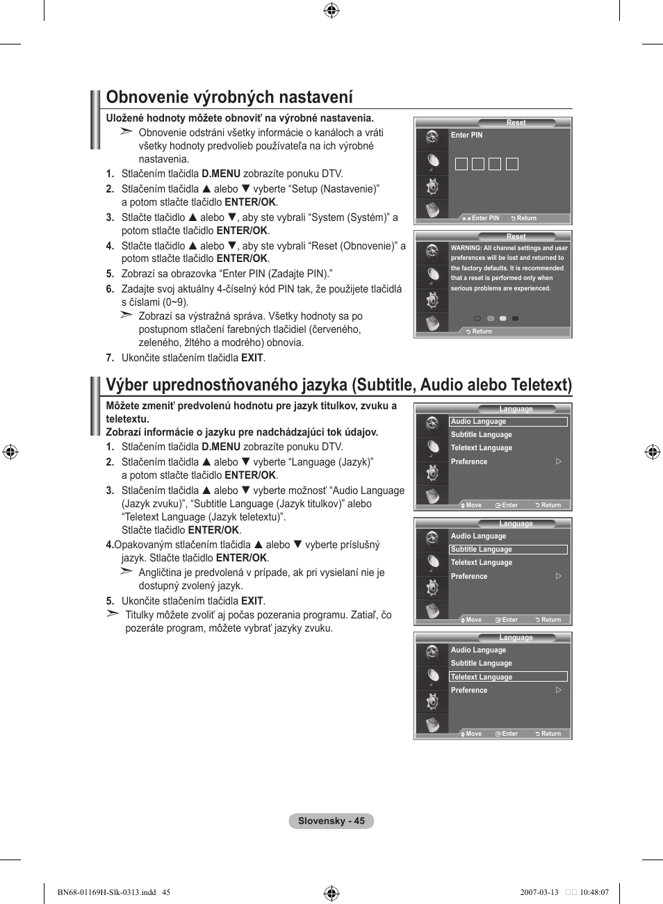 Obnovenie výrobných nastavení | Samsung LE26R87BD User Manual | Page 440 / 507
