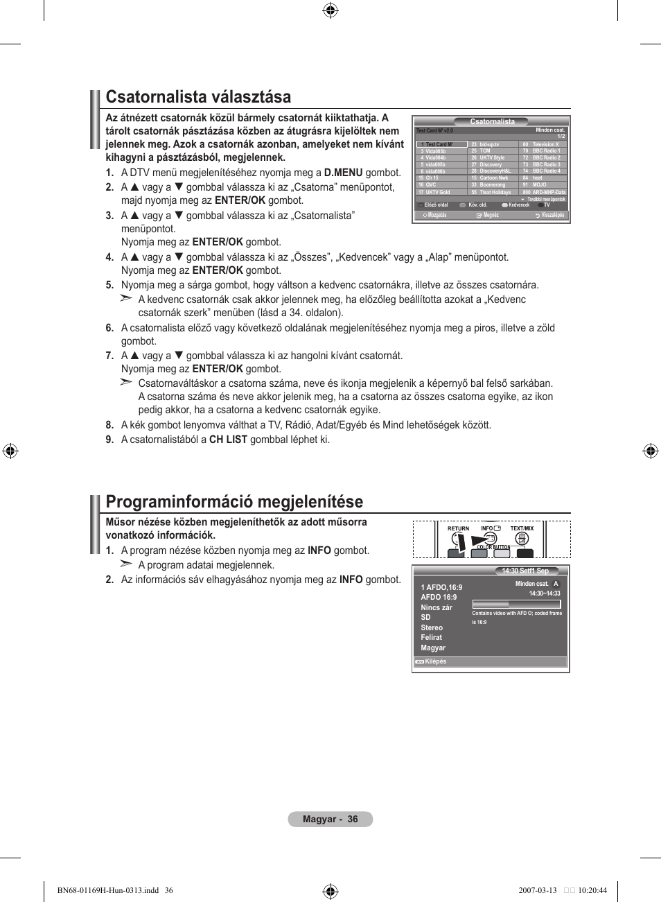 Csatornalista választása, Programinformáció megjelenítése | Samsung LE26R87BD User Manual | Page 95 / 507