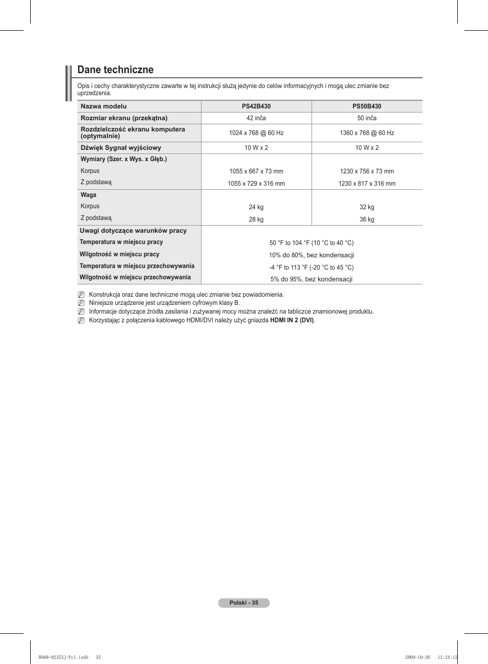 Dane techniczne | Samsung PS42B430P2W User Manual | Page 103 / 343