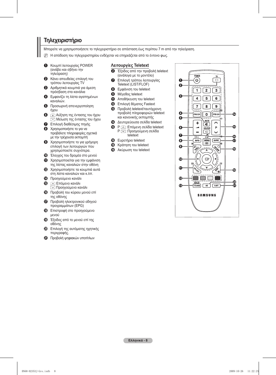 Τηλεχειριστήριο | Samsung PS42B430P2W User Manual | Page 110 / 343