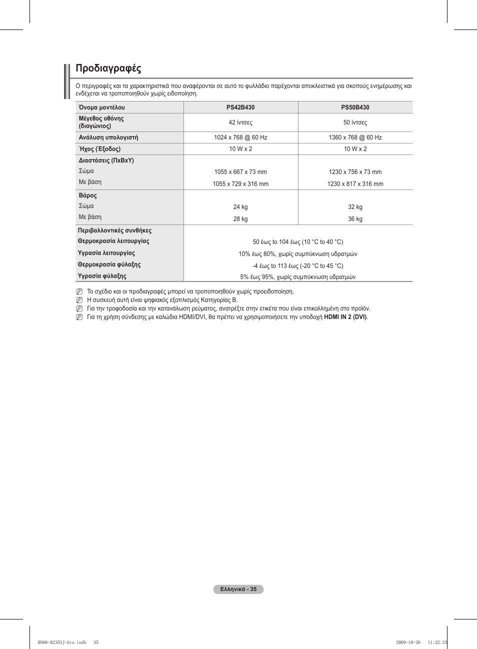 Προδιαγραφές | Samsung PS42B430P2W User Manual | Page 137 / 343