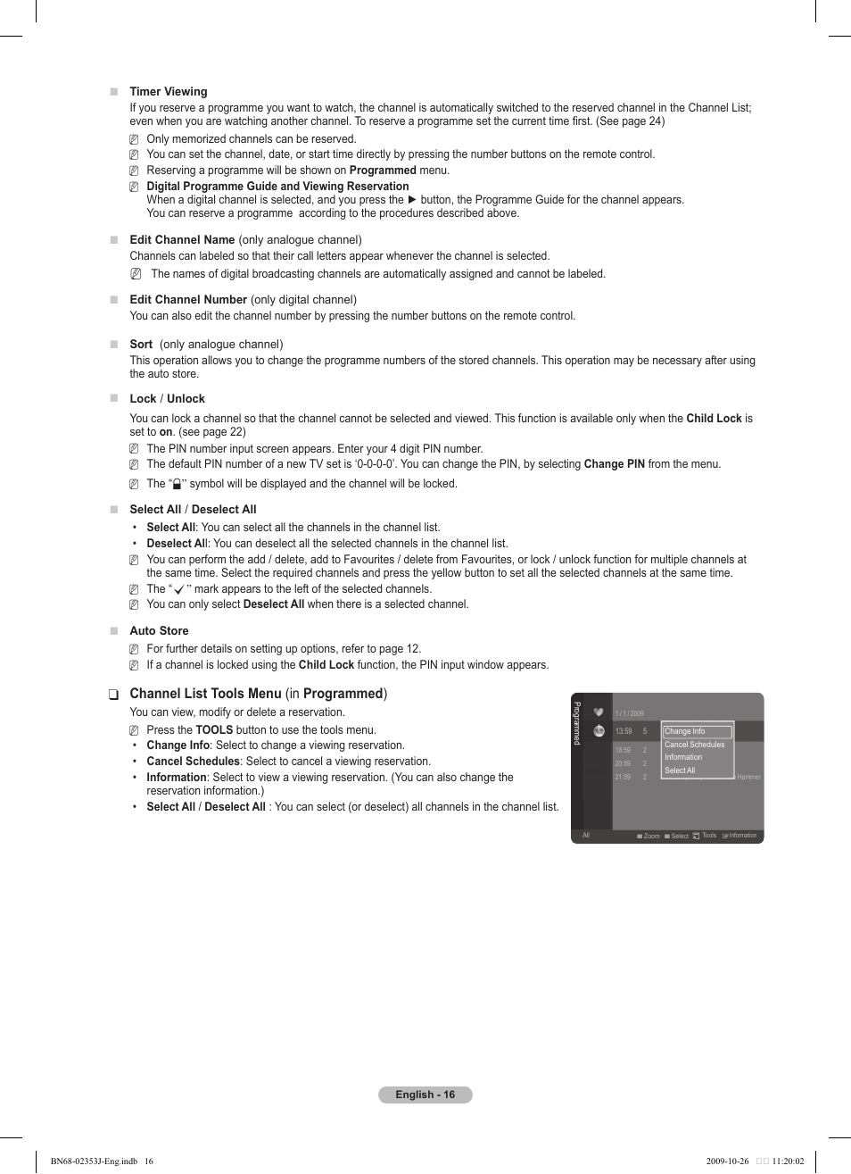 Channel list tools menu ❑ (in programmed ) | Samsung PS42B430P2W User Manual | Page 16 / 343
