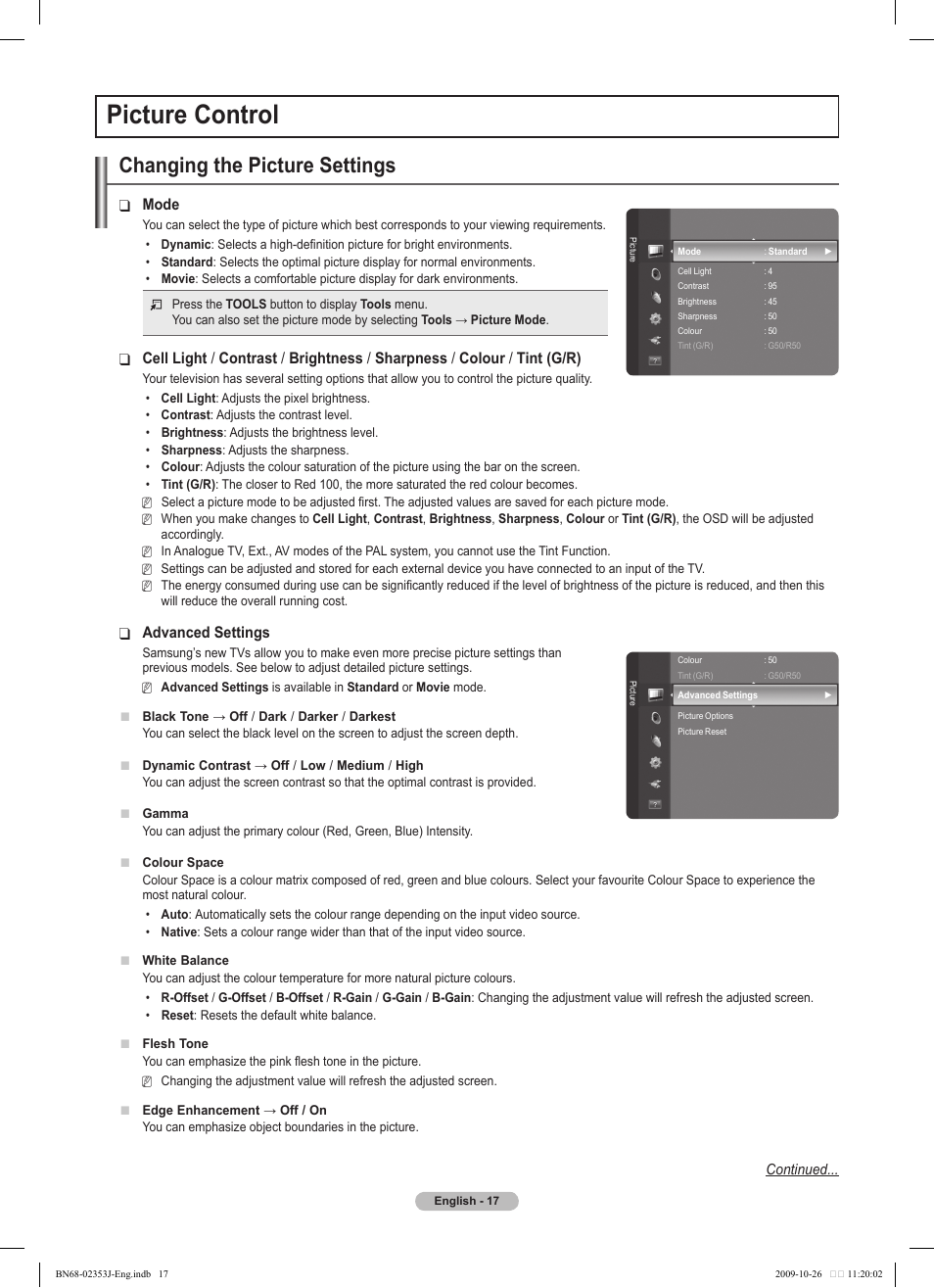 Picture control, Changing the picture settings, Mode | Advanced settings | Samsung PS42B430P2W User Manual | Page 17 / 343