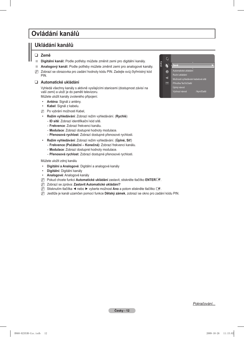 Ovládání kanálů, Ukládání kanálů | Samsung PS42B430P2W User Manual | Page 182 / 343