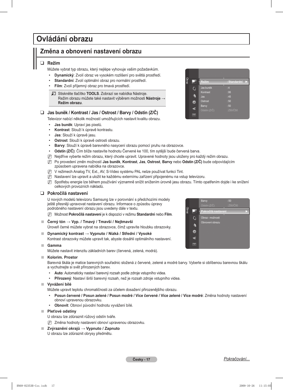Ovládání obrazu, Změna a obnovení nastavení obrazu, Režim | Pokročilá nastavení | Samsung PS42B430P2W User Manual | Page 187 / 343