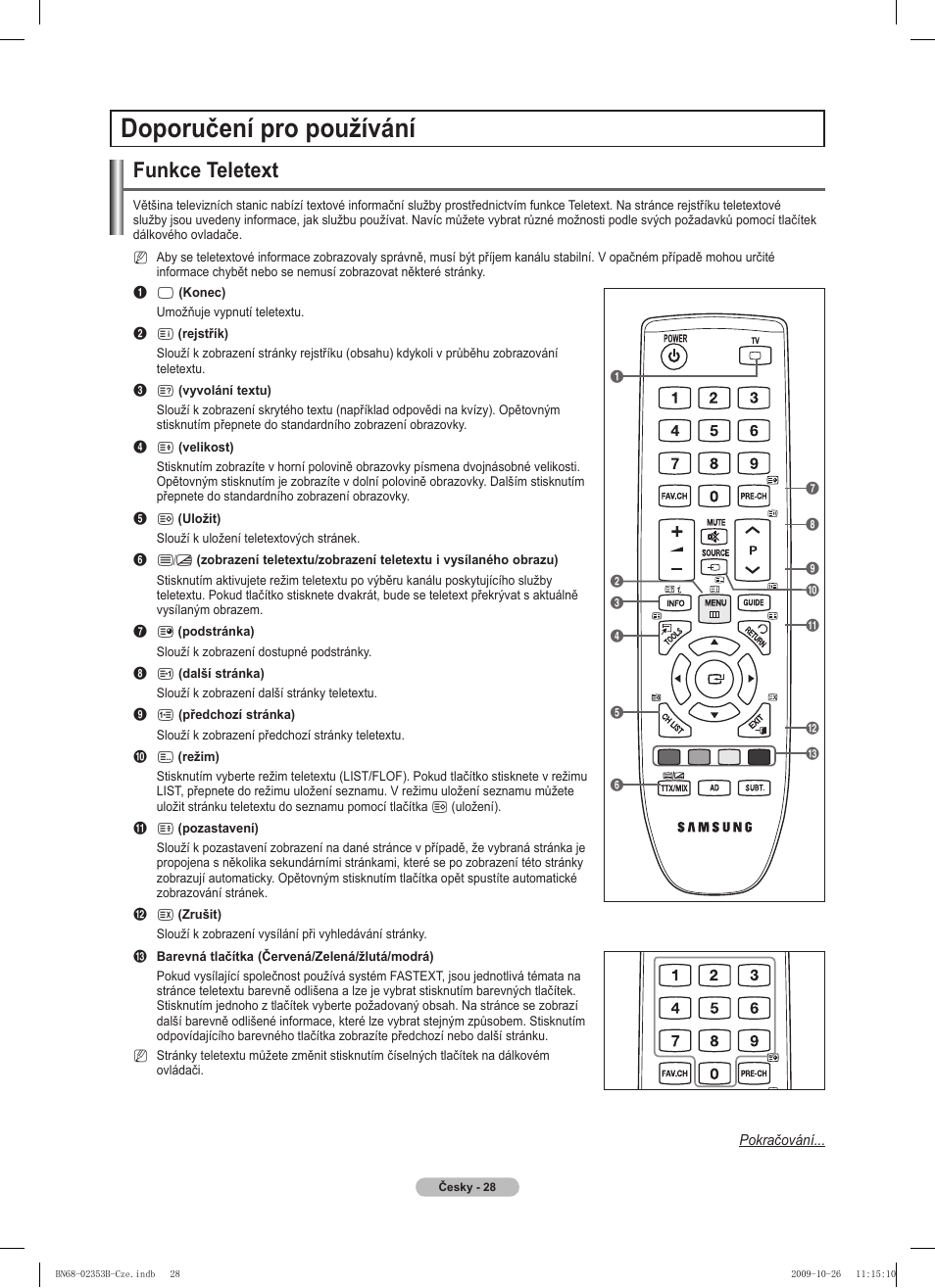 Doporučení pro používání, Funkce teletext | Samsung PS42B430P2W User Manual | Page 198 / 343