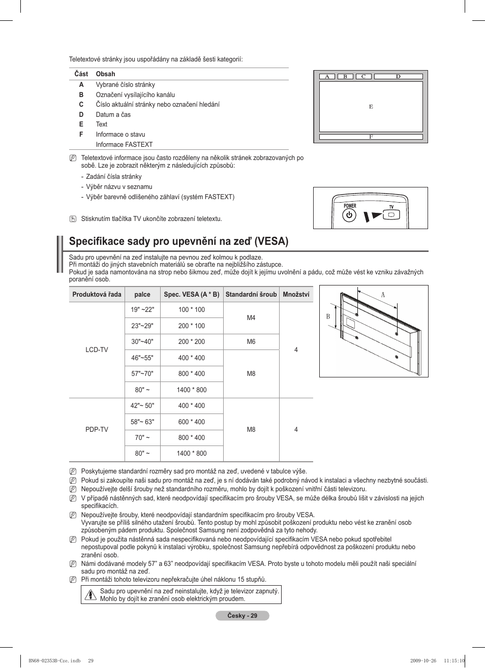 Specifikace sady pro upevnění na zeď (vesa) | Samsung PS42B430P2W User Manual | Page 199 / 343